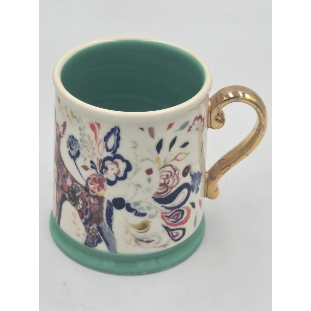Anthropologie Starla M Halfmann Folklore Fawns Mug Floral Deer Teal Gold Handle